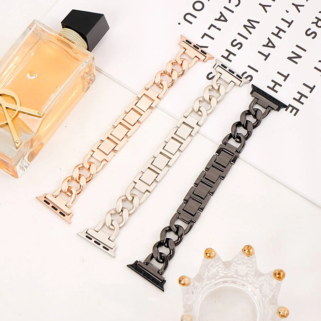 Denim-style cuff metal chain link Apple Watch replacement strap in silver, black, gold, rose gold, starlight.
