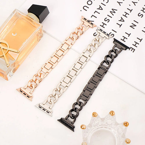 Denim-style cuff metal chain link Apple Watch replacement strap in silver, black, gold, rose gold, starlight.