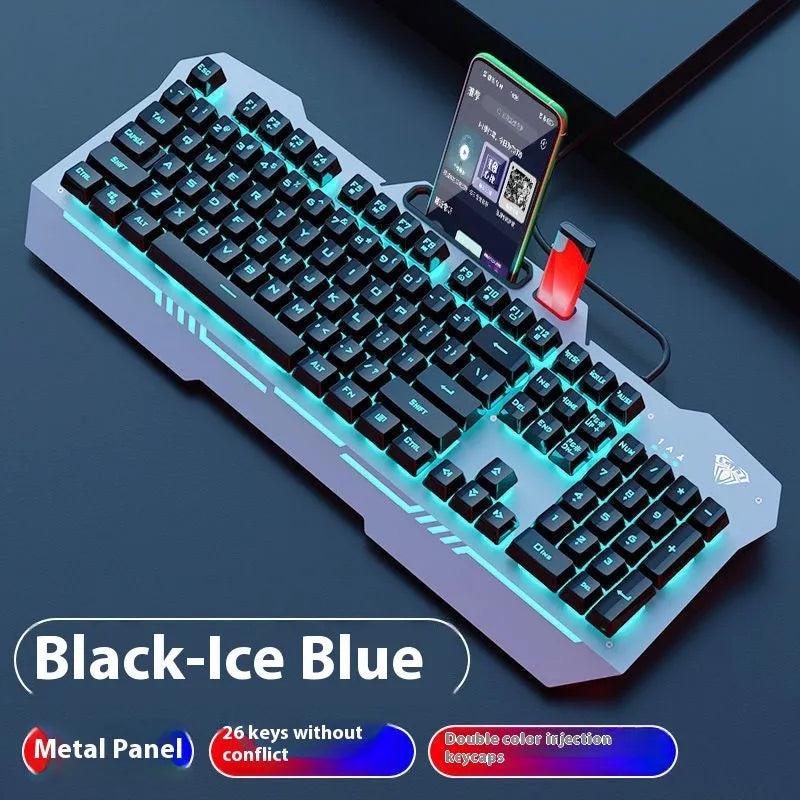 F3010 black and white metal gaming keyboard, mouse, and headset bundle with single-colour LED backlighting.