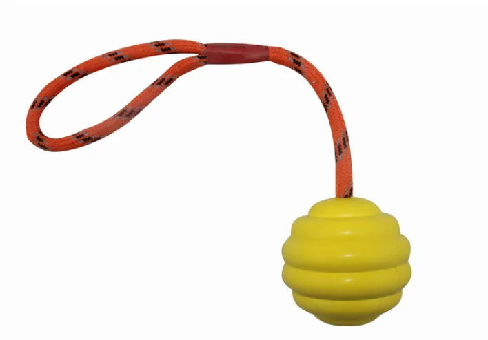 Multi-colour rubber pet ball with rope knots measuring 6x30cm for interactive chew and fetch play