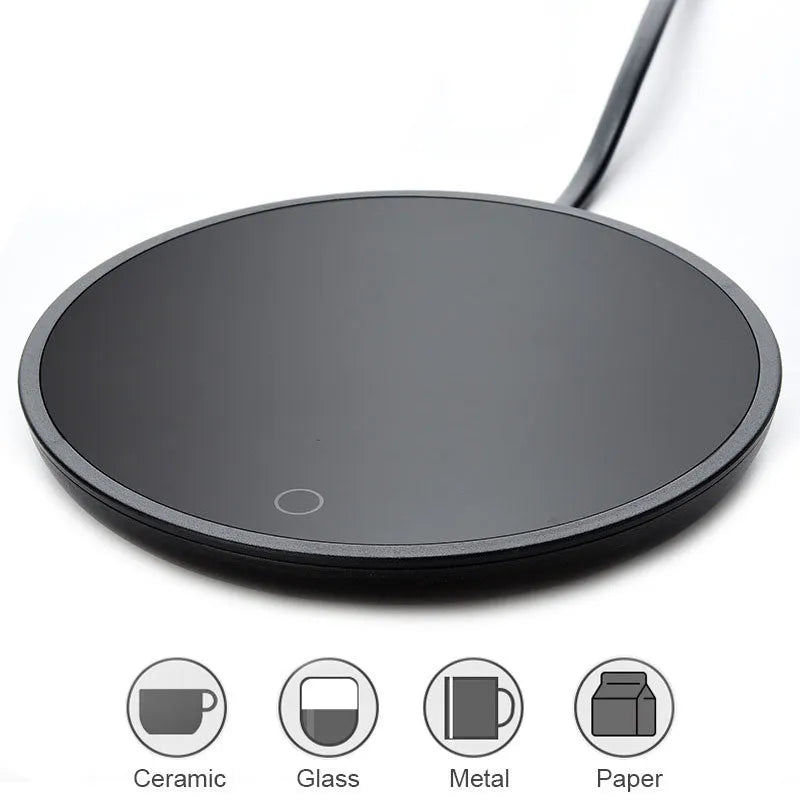 Black coffee mug warmer with temperature switch for office and home beverage heating