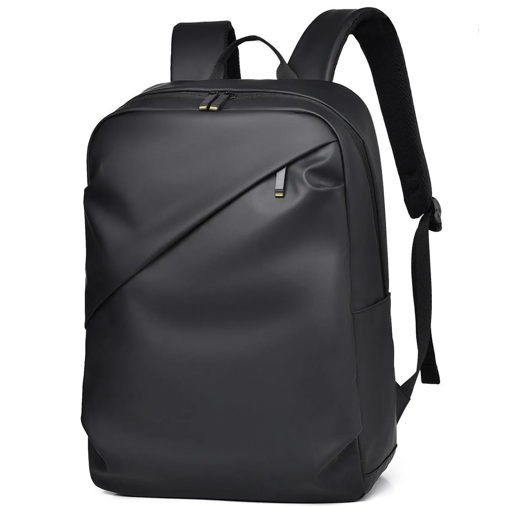 Waterproof laptop backpack in black showing large main compartment and simple design with sewing thread detailing