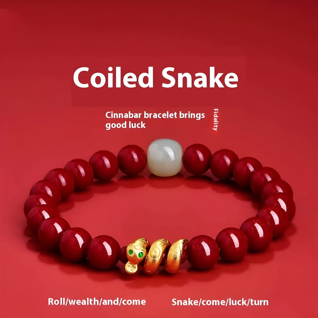 Handmade red cinnabar bracelet with snake Zodiac bead on a wrist, showing 8mm bead size.