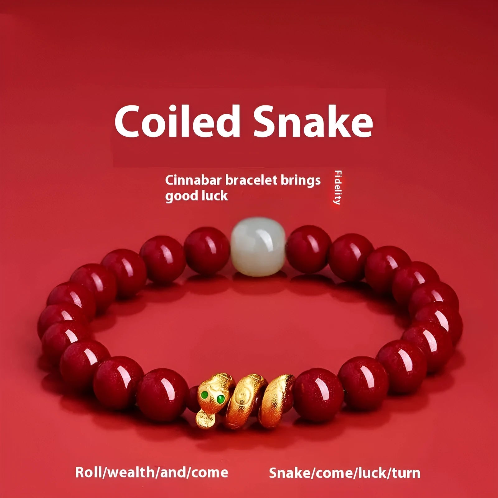 Handmade red cinnabar bracelet with snake Zodiac bead on a wrist, showing 8mm bead size.