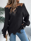 White hollow-out long-sleeved pullover sweater with cut off-the-shoulder design