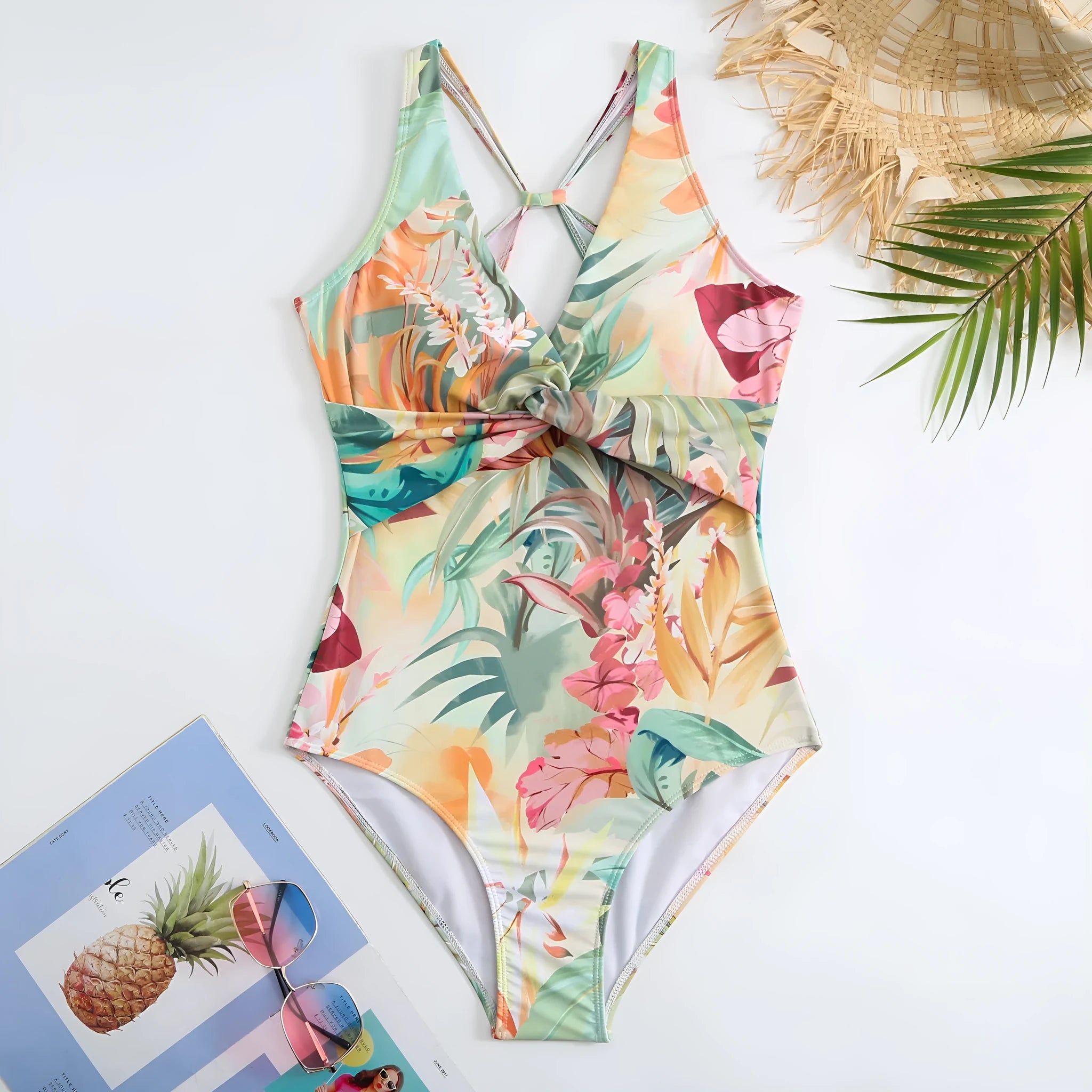 Conservative vintage print one-piece swimsuit with short sleeves in yellow flower pattern