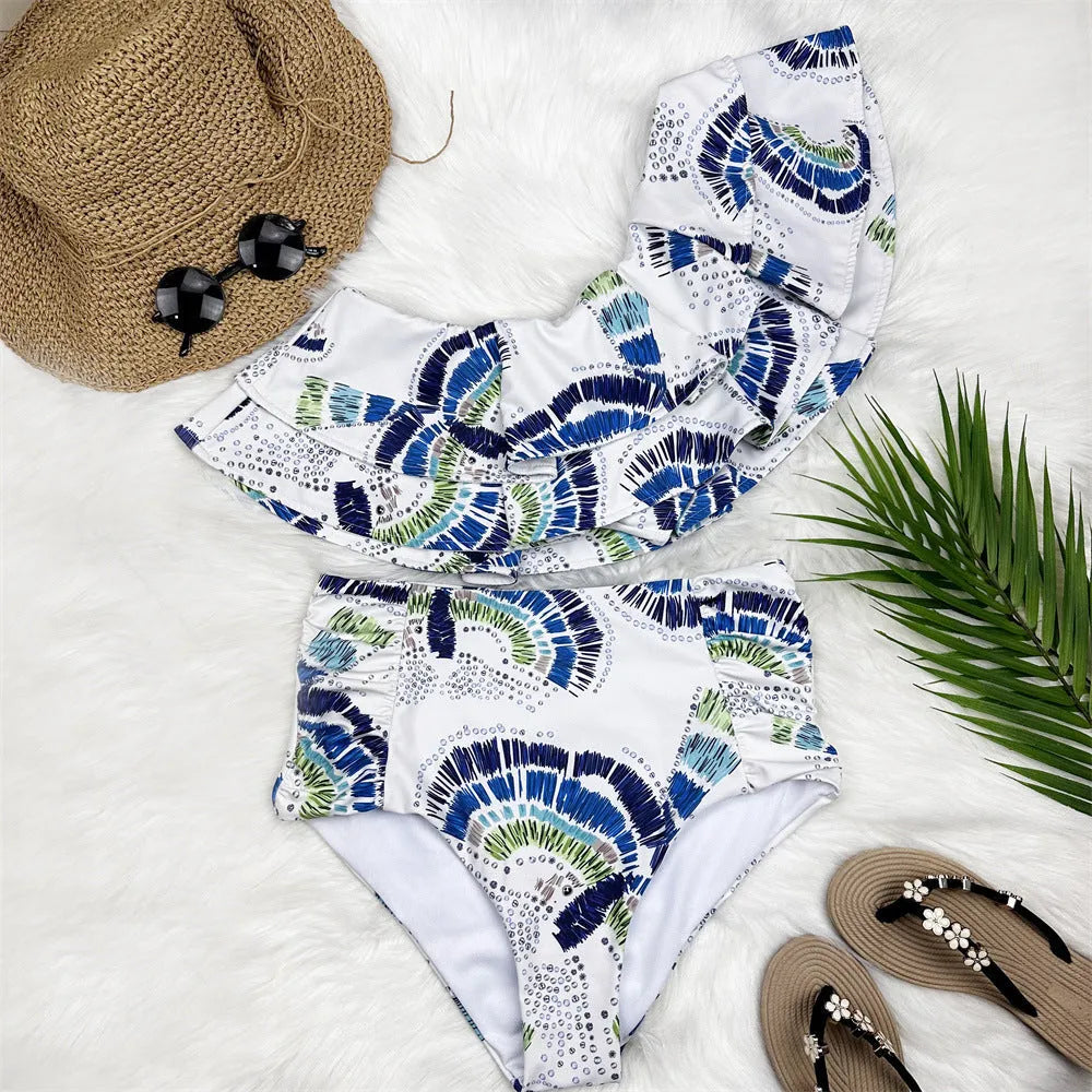 White women's one-shoulder swimsuit with double-layer lotus leaf design and split bikini style