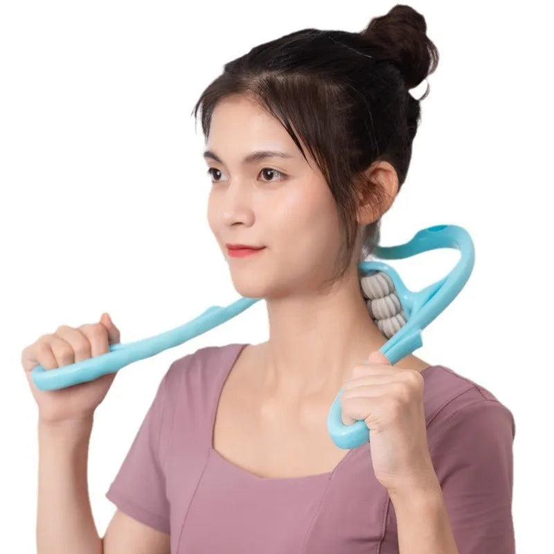 Blue plastic six-wheel neck and shoulder massager showing rotating mechanism