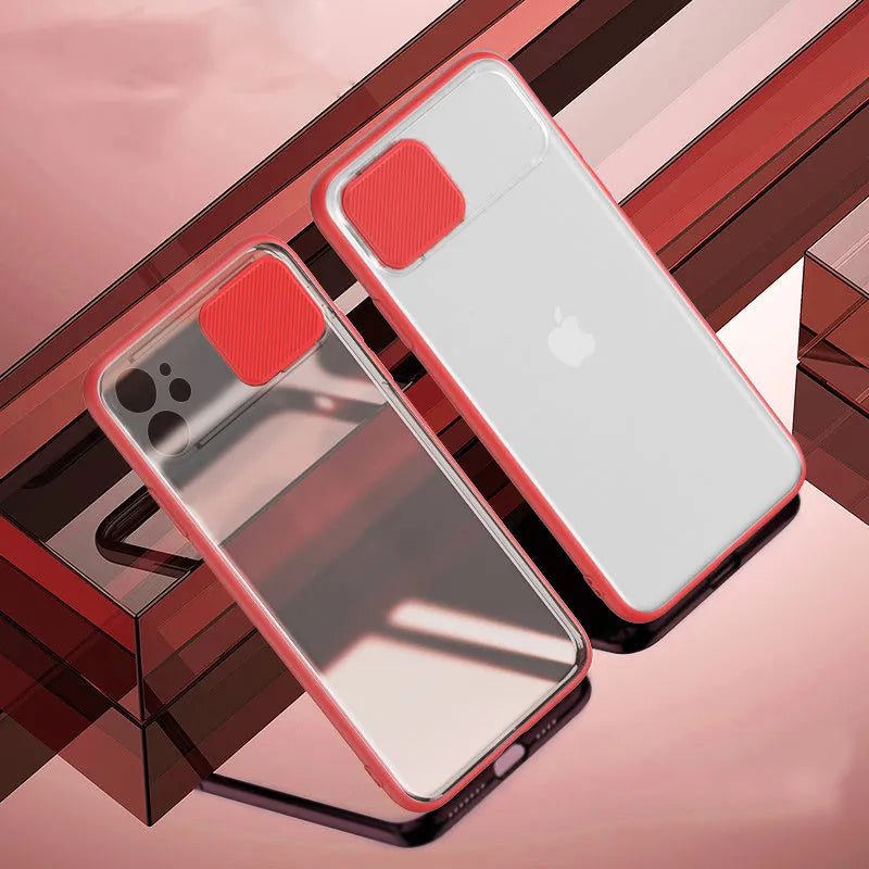Lens sliding iPhone case in multiple colours showing the back cover with colour contrast design.