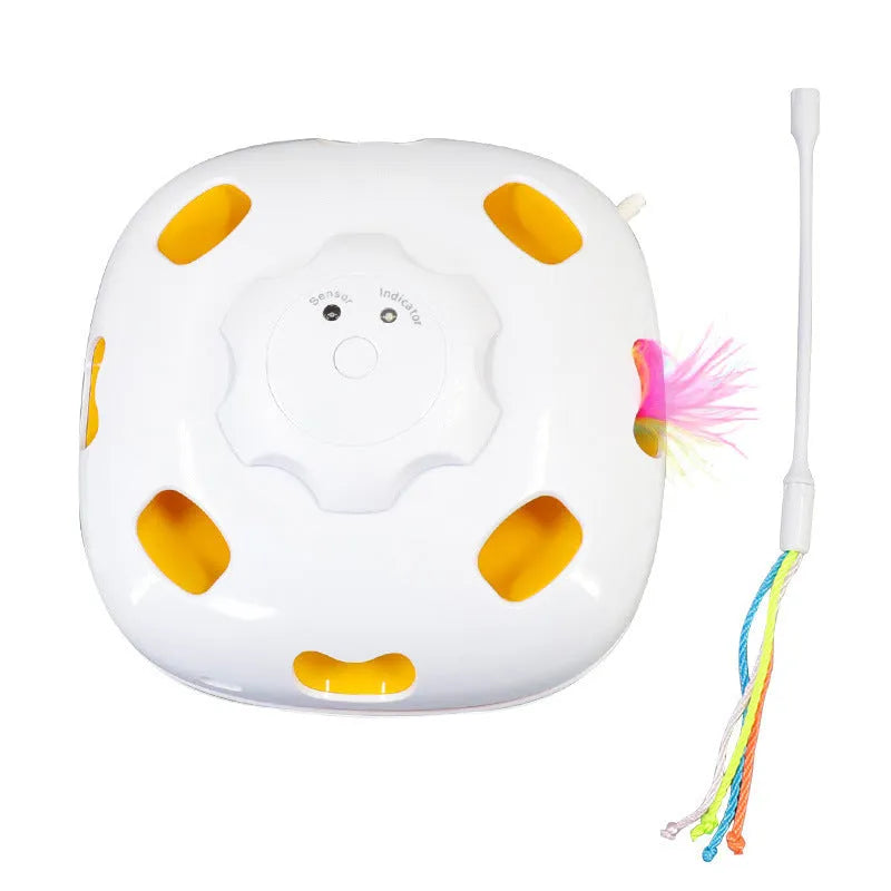 Plastic cat teaser toy with self-hi relief mechanism measuring 19.8cm by 11.5cm by 19.5cm