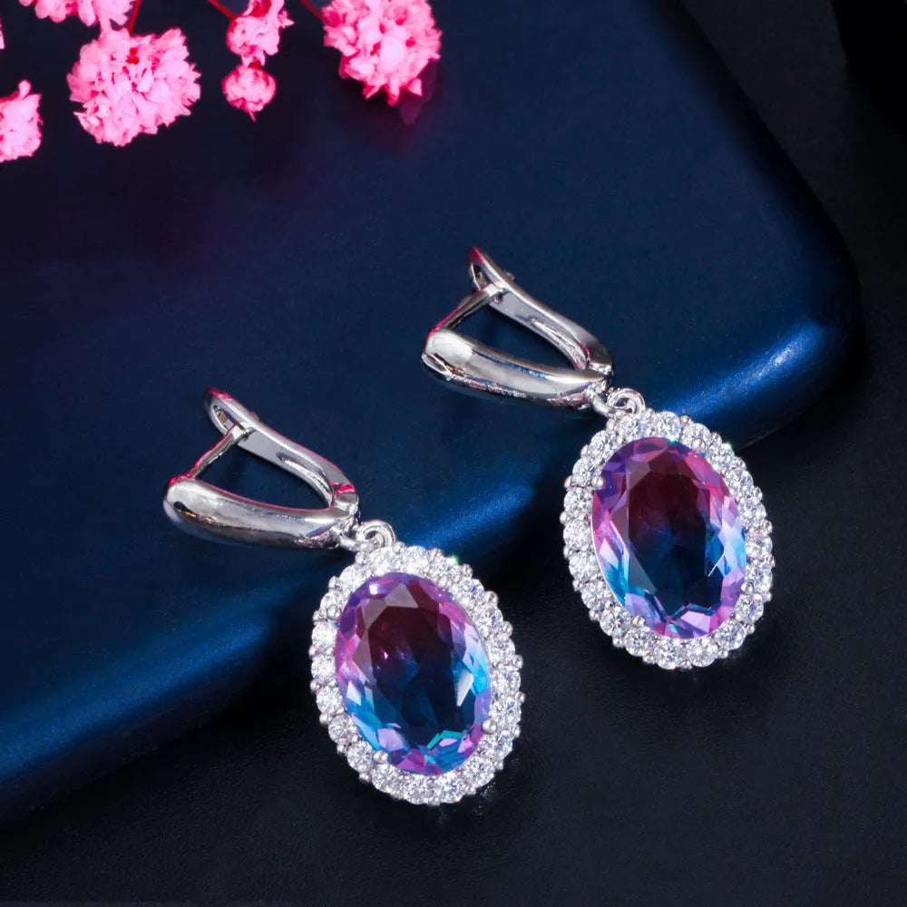 Women's copper inlaid zircon earrings and necklace set with gradient stones