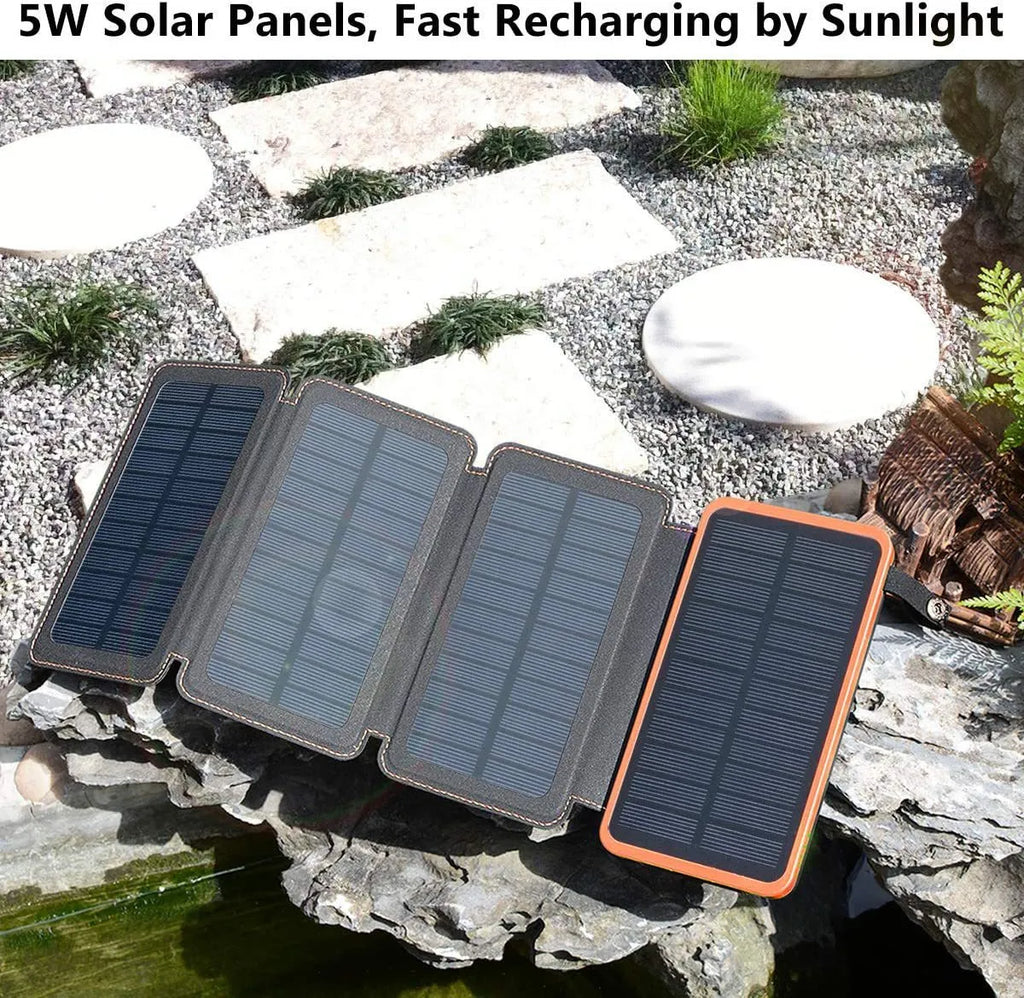 Outdoor rainproof solar phone charger with LED light showing solar panel and leather exterior