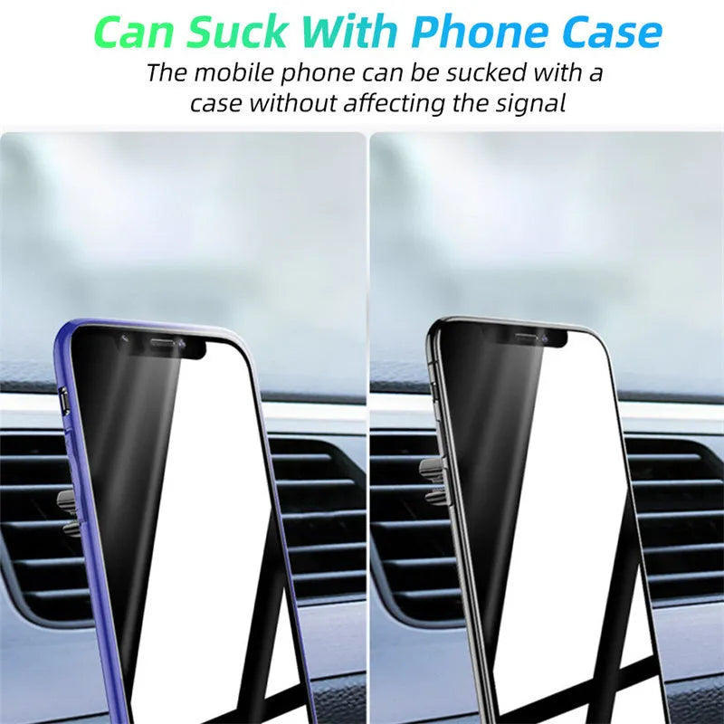 Magnetic car air vent phone holder with perfume dispenser in black, showing phone attached and fragrance slot.