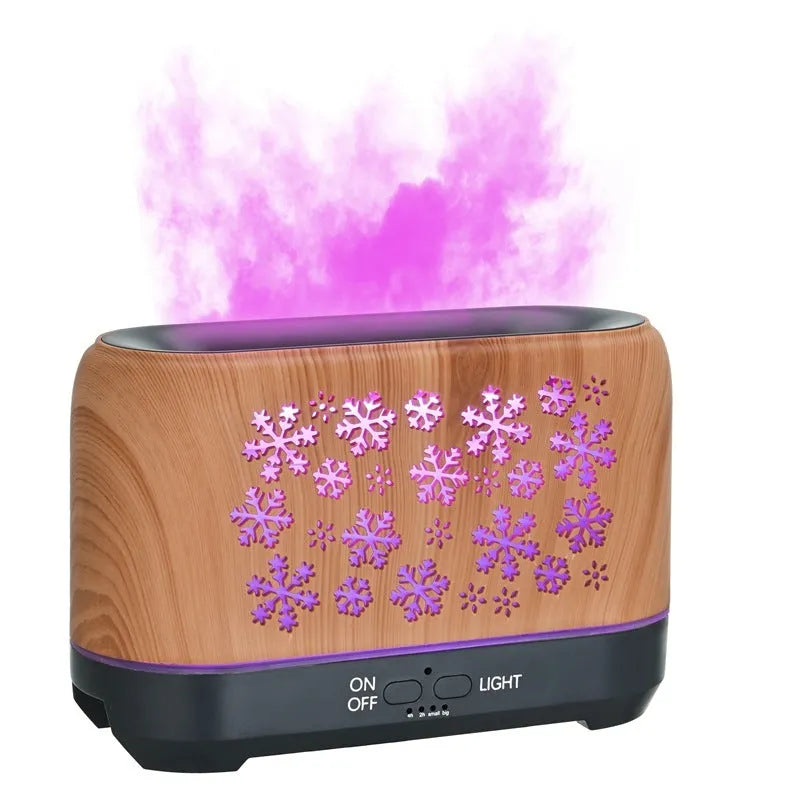 Square Christmas snowflake pattern aromatherapy diffuser with colourful flame effect lighting