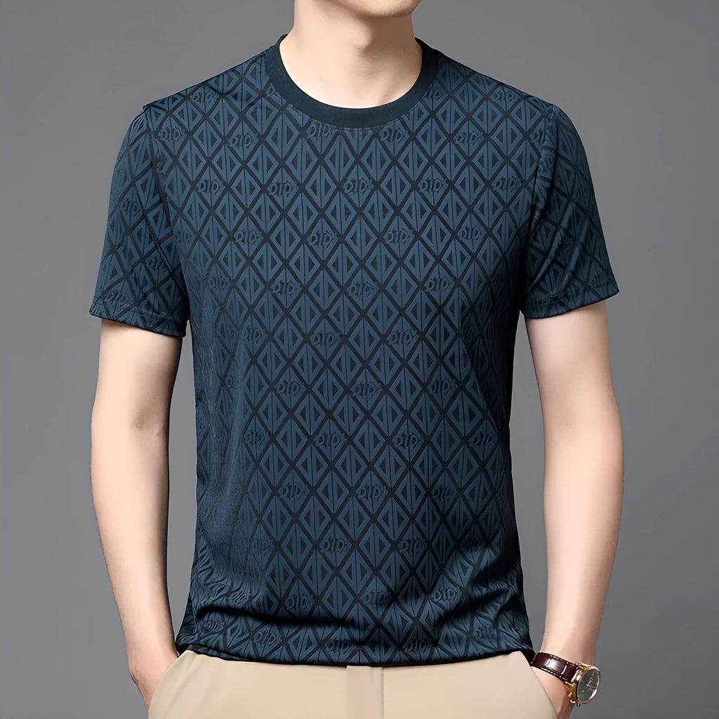 Men's round neck jacquard short sleeve t-shirt in ice silk fabric, loose fit casual pullover