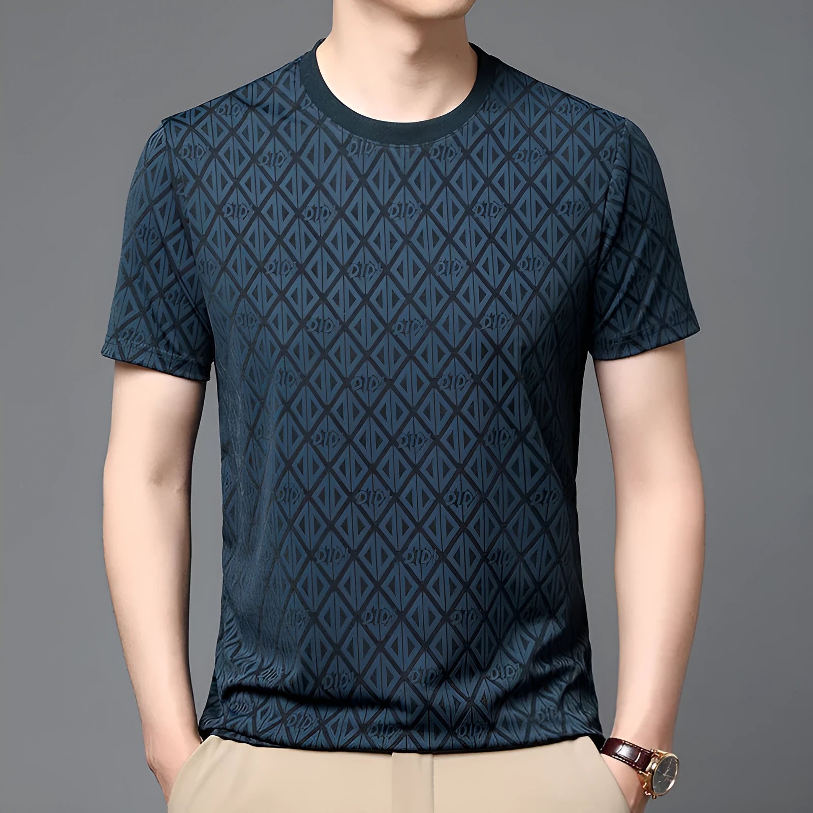 Men's round neck jacquard short sleeve t-shirt in ice silk fabric, loose fit casual pullover