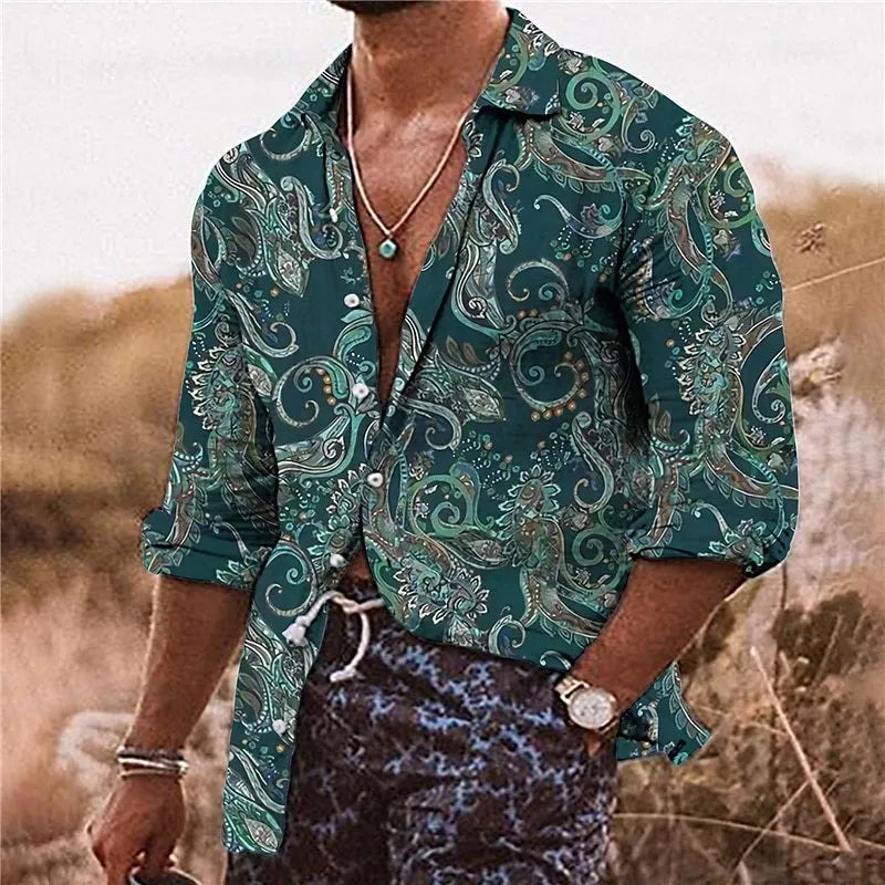 Men's loose-fit long-sleeve shirt with a detailed 3D floral pattern in a blue colour variant.