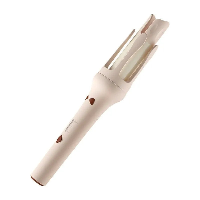 Automatic hair curler with 32mm ceramic barrel in pink, showing wired power cord and included US/EU travel adapters.