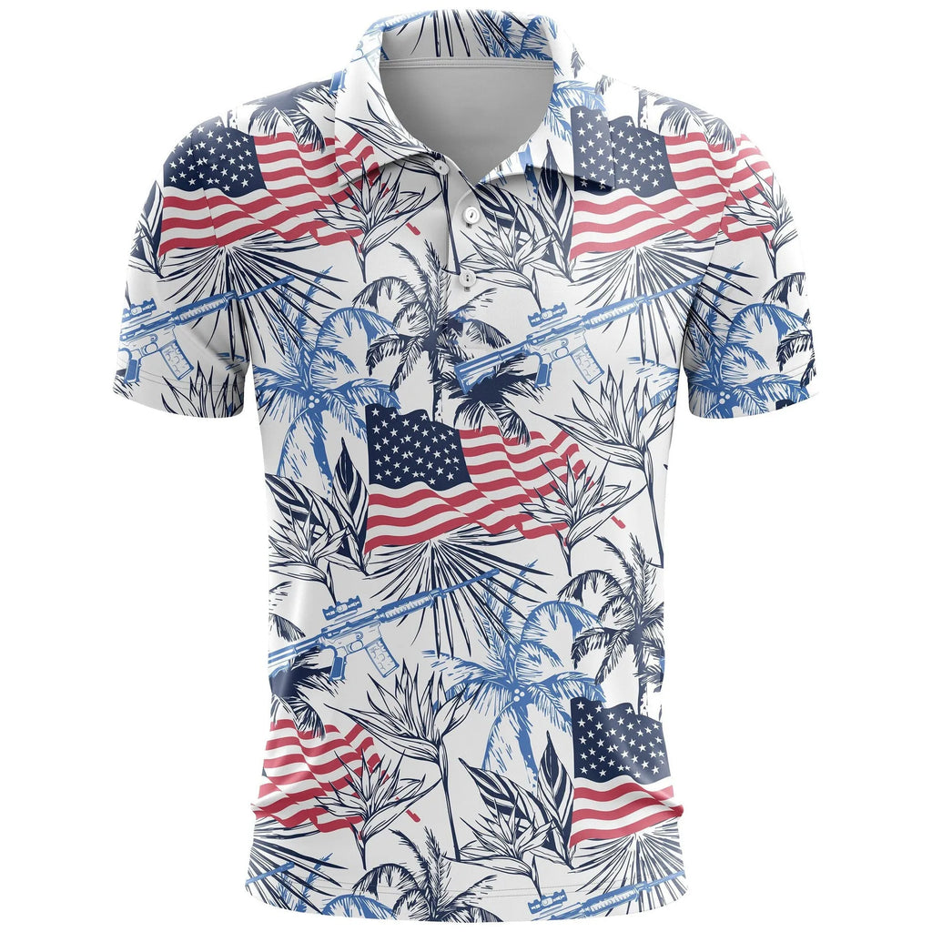 3D printed pattern sports short sleeve loose fit top in bird eye polyester fabric on a hanger.