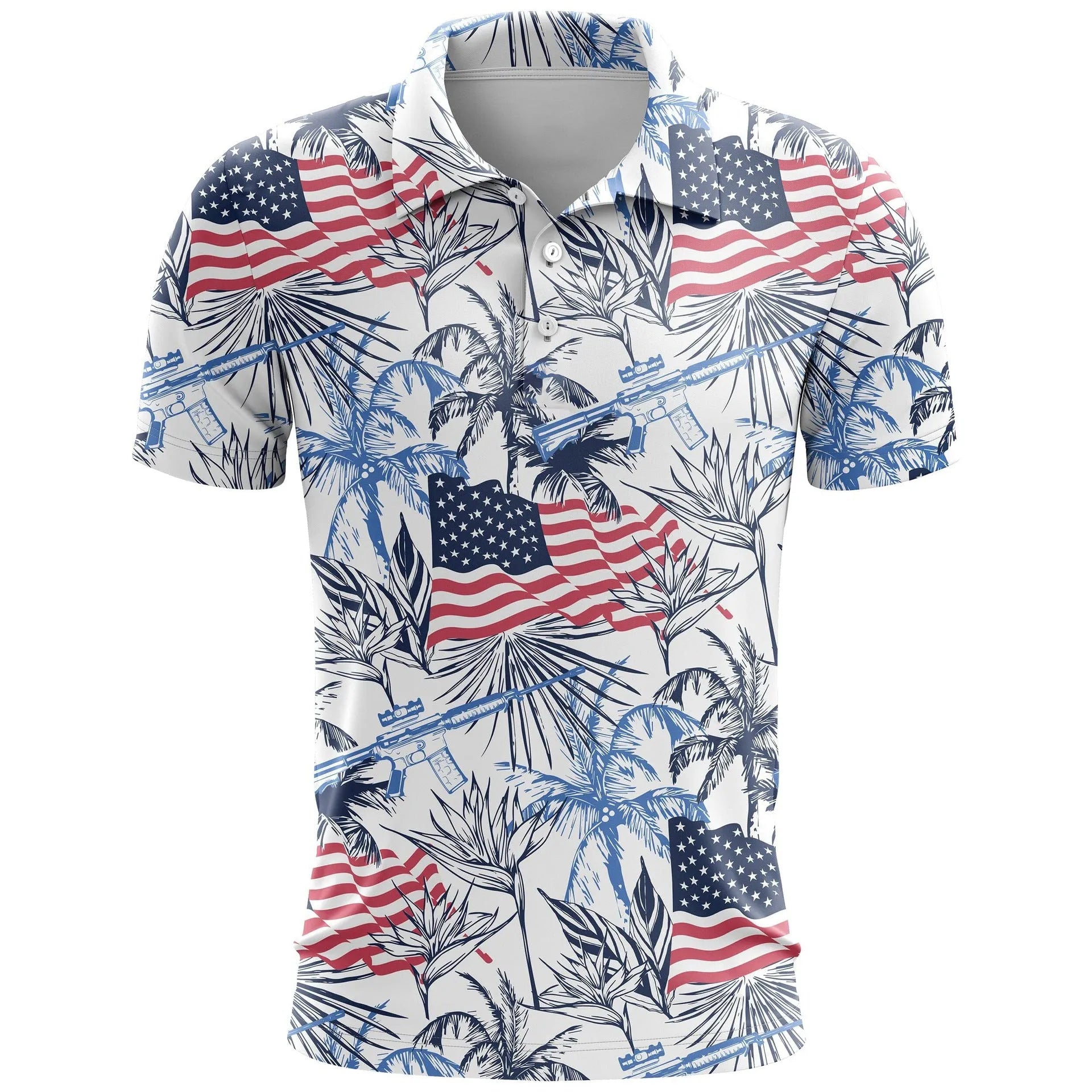 3D printed pattern sports short sleeve loose fit top in bird eye polyester fabric on a hanger.