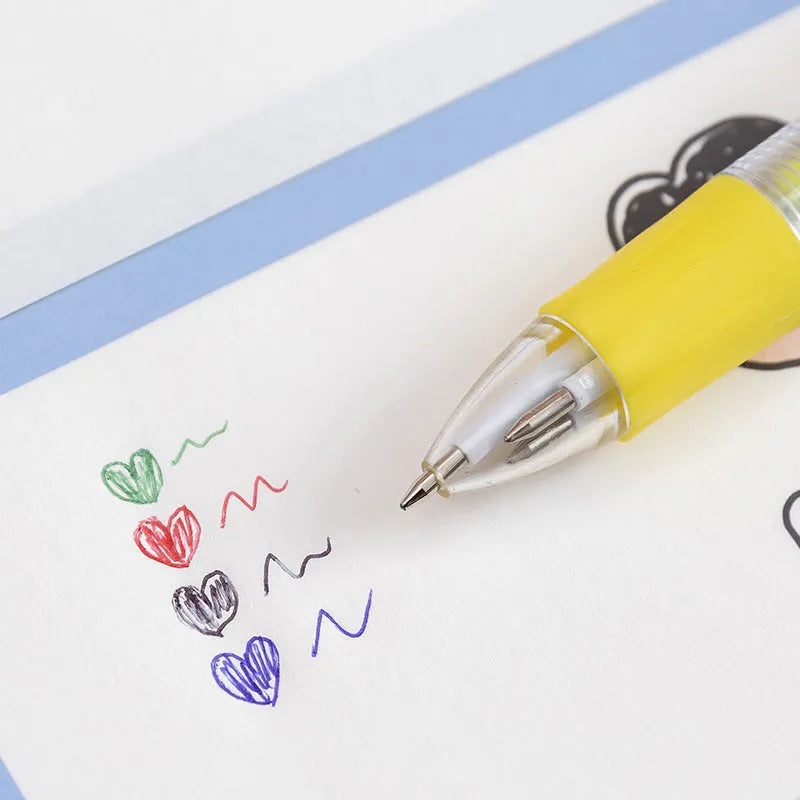 Four-colour press ballpoint pen with random cartoon design showing cactus, fast food, fruit, heart wing or seahorse theme