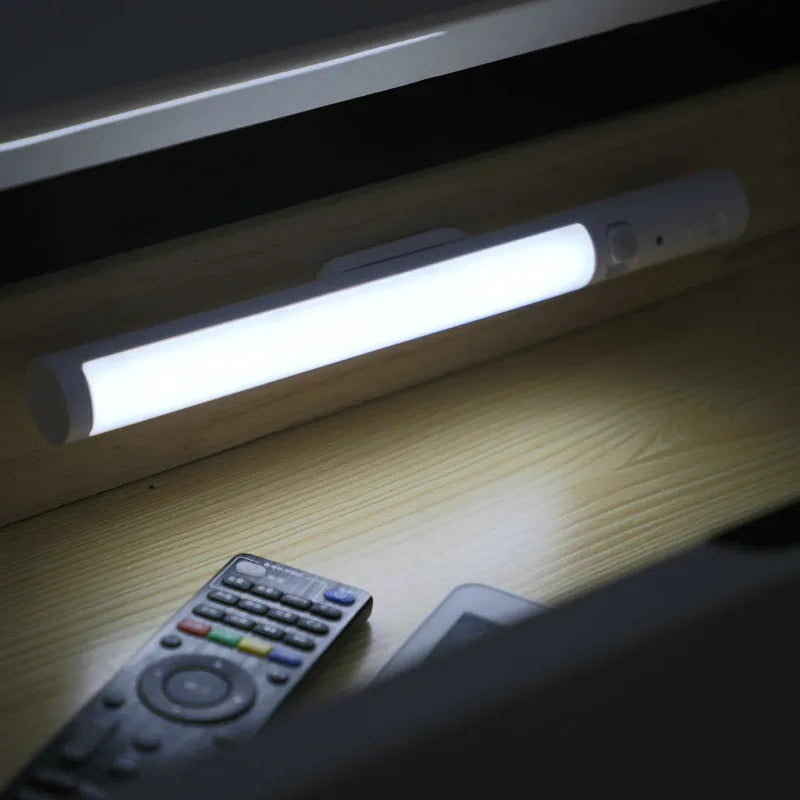 Slim white human body induction LED cabinet light with magnetic strip on back for mounting