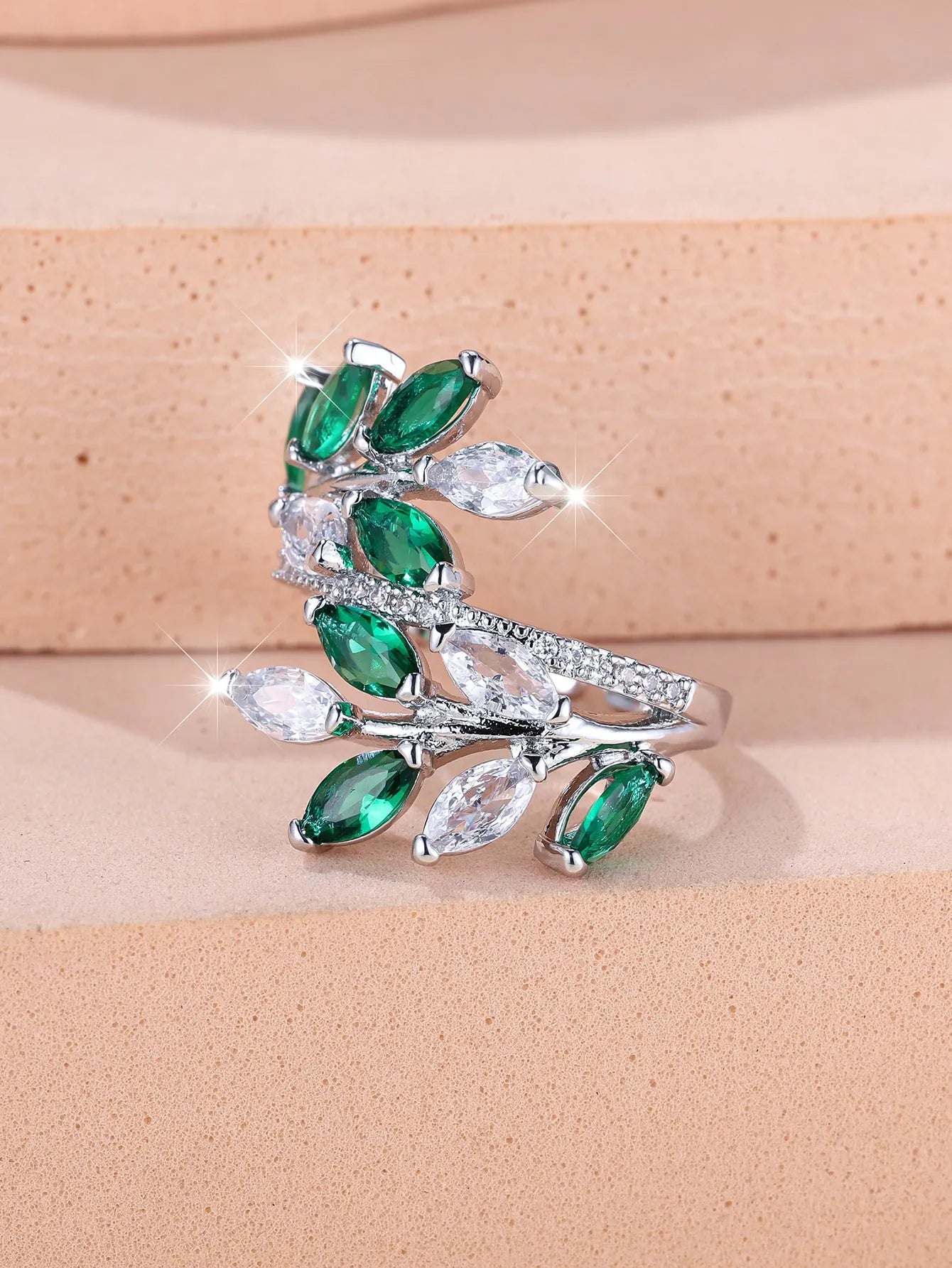 Adjustable copper leaf ring with horse eye zircon accents in multiple colour variations
