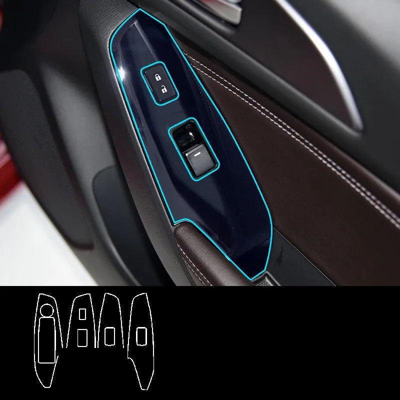 TPU protective film set for Ford Mustang door control panel switches in transparent, carbon fibre and matte black finishes