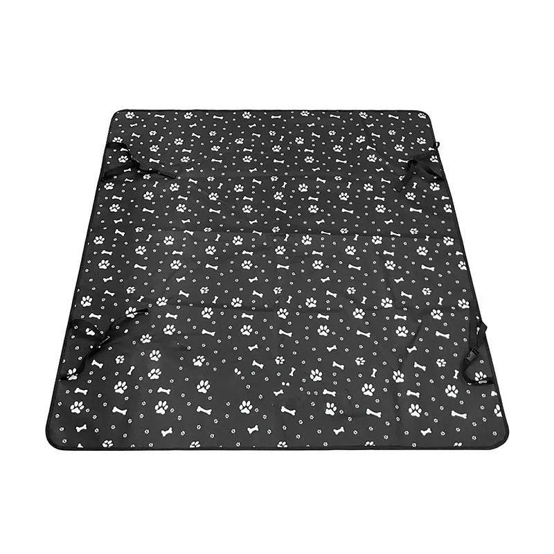 Waterproof cloth car pet mat for rear seat with dog bone print design on a grey background.