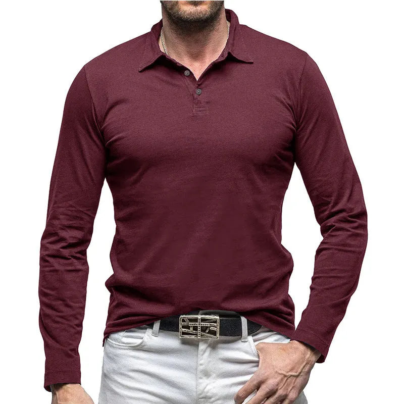 Men's polo collar long sleeve cotton T-shirt in American retro style, shown in dark grey.