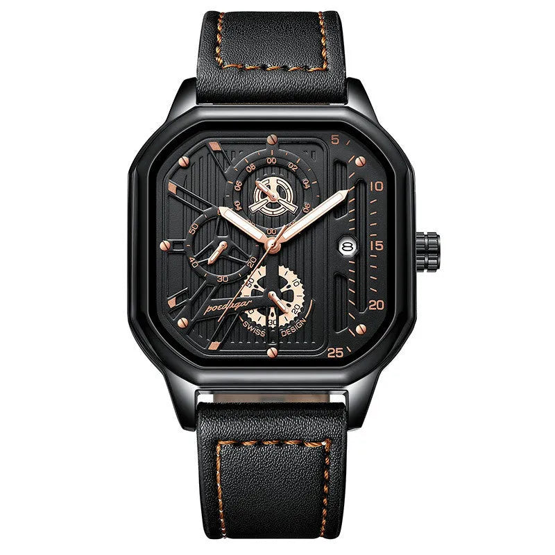 Men's multifunctional quartz watch with belt-style strap showing black shell with gold nails design