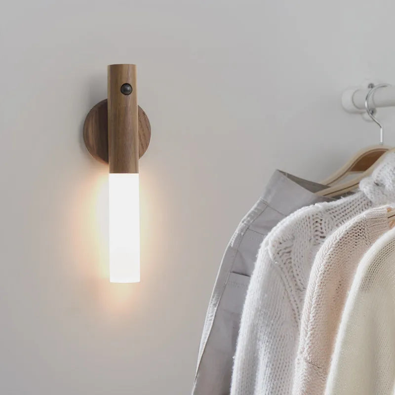 Compact smart sensor LED desk lamp made of solid wood and organic glass in coffee colour.