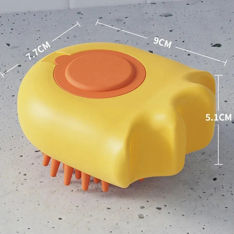 Blue pet bath brush with integrated shampoo box measuring 9cm long with massage comb bristles for dogs and cats