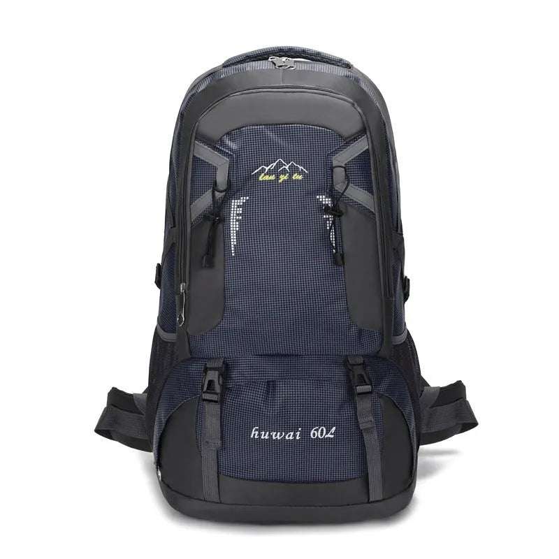 60L black nylon mountaineering backpack with letter print and air pillow belt