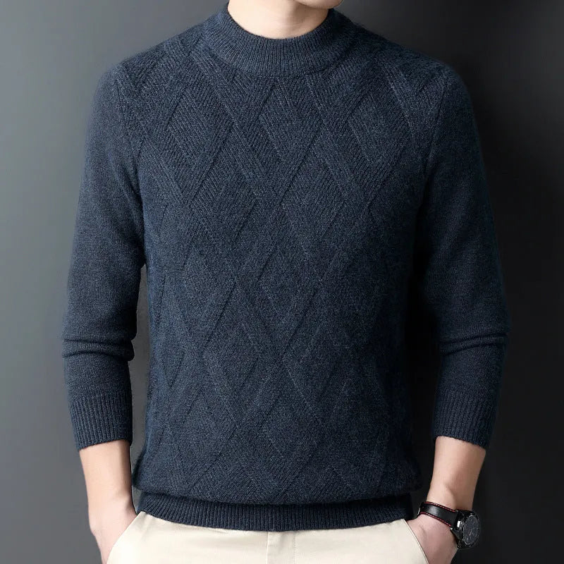Men's thick diamond jacquard winter sweater in wool blend shown in light camel colour