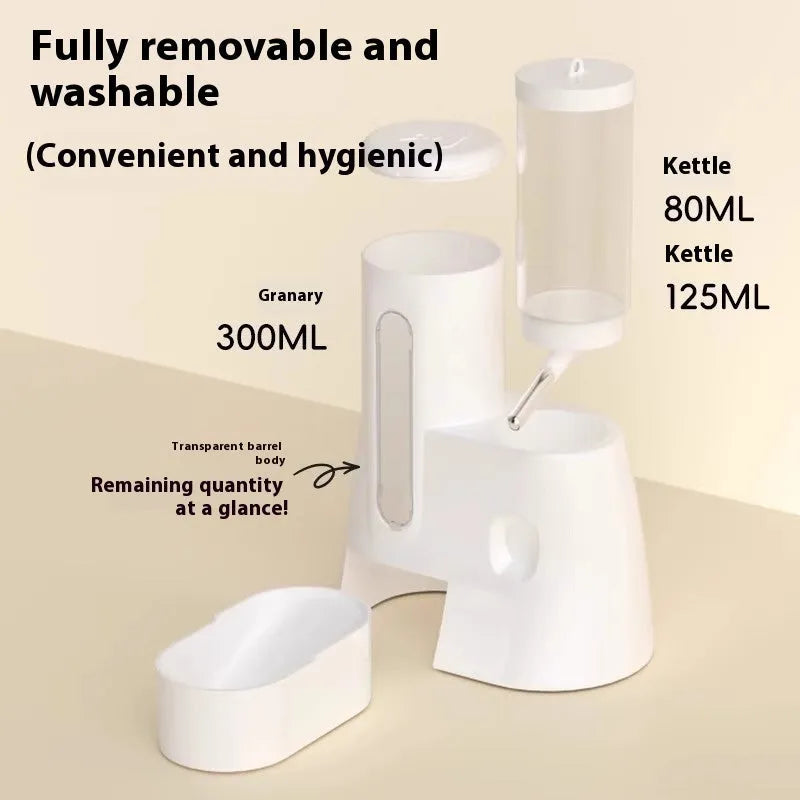 Blue hamster automatic water bottle and dual-compartment white food basin attached together.