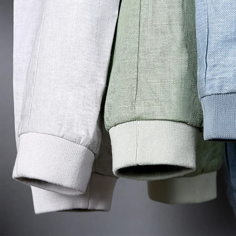 Men's thin plus-size linen jacket in heather grey, grass green, or blue.