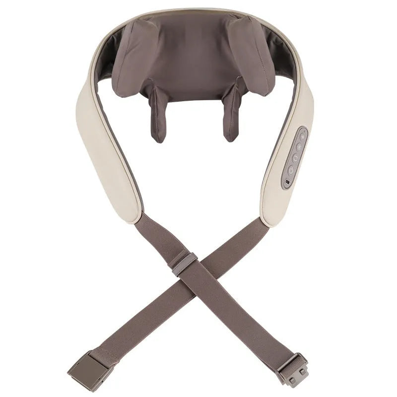 Creamy white rechargeable shoulder and neck massager on a plain background.