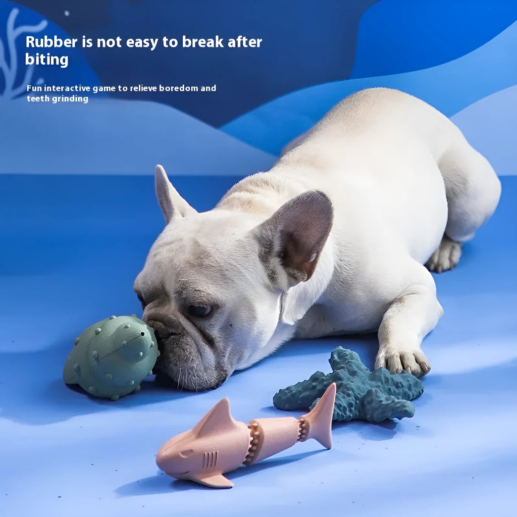 Deep sea shark shaped rubber dog toy in blue and green colour variations