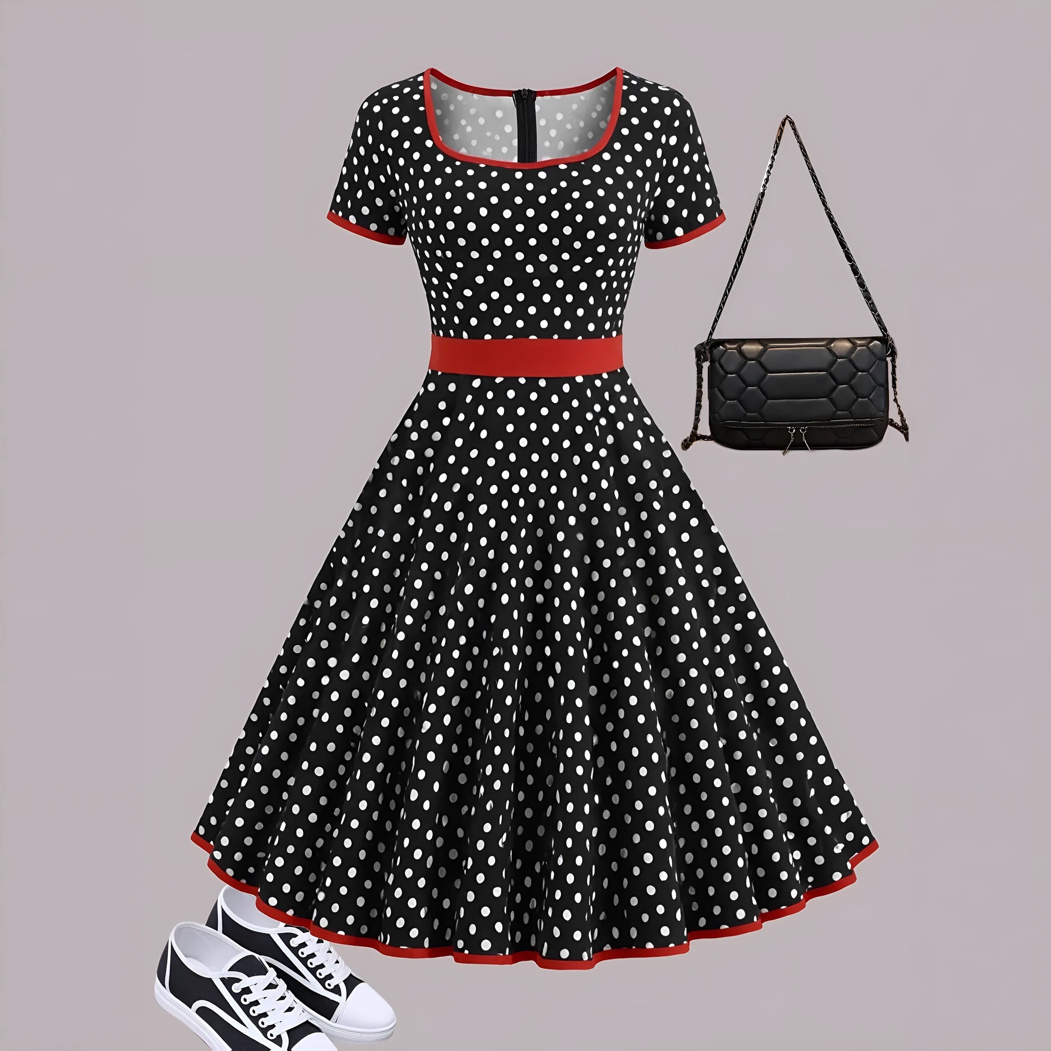 Multicolour polka dot dress with square collar, short sleeves, zip front, and pleated mid-length skirt.