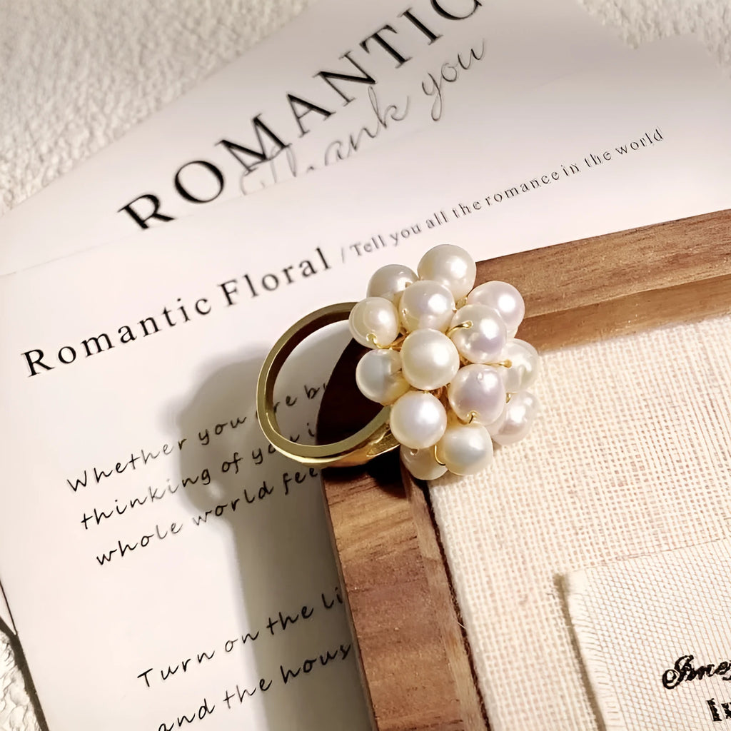 White pearl open ring geometric shape non-fading finish handmade fashion OL style on white background