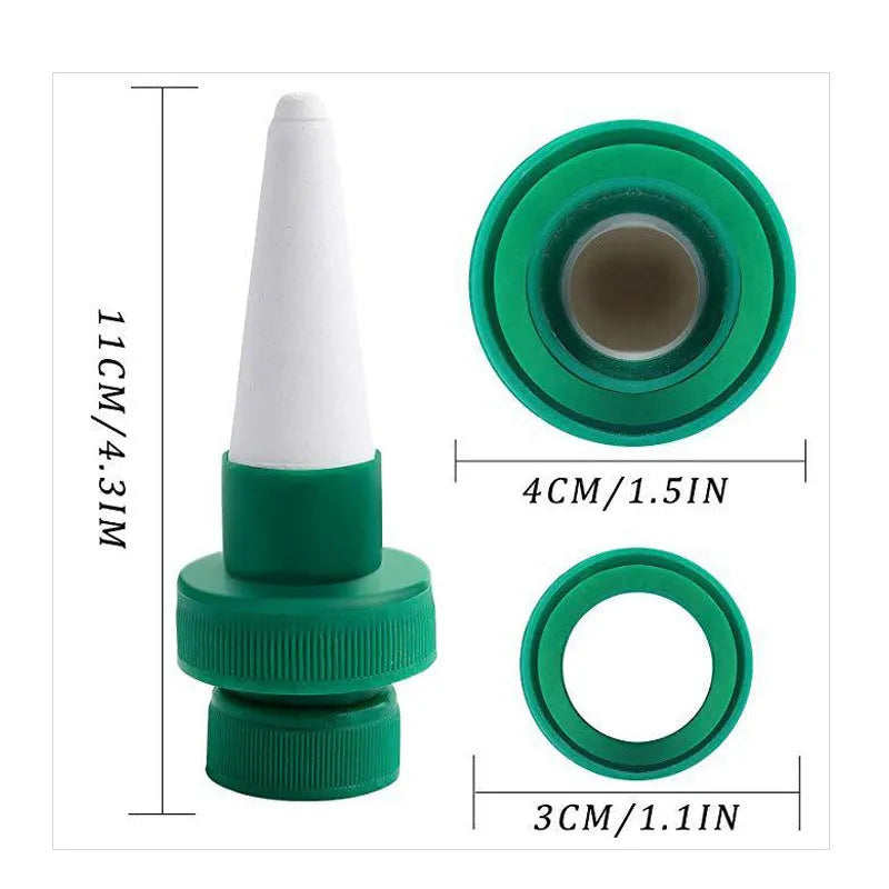 Green ceramic plant water dripper designed for cola bottle irrigation systems