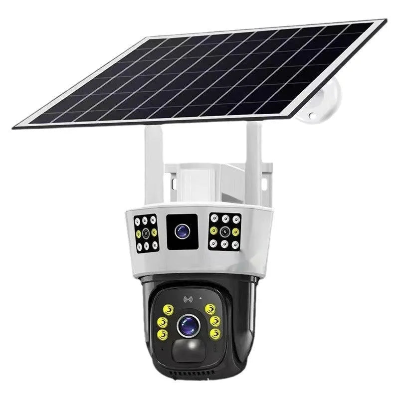 Solar binocular surveillance camera with three screens and integrated solar panel