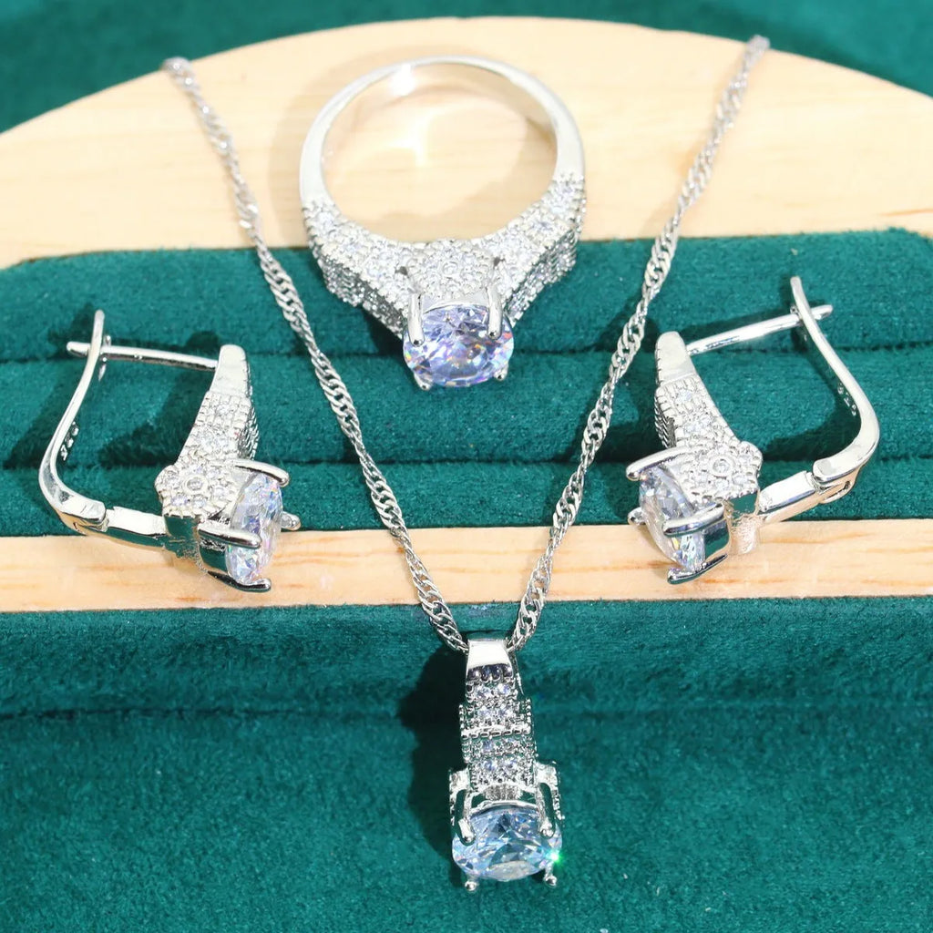 Bridal zircon jewellery set with necklace, earrings, ring and bracelet in multiple colour options