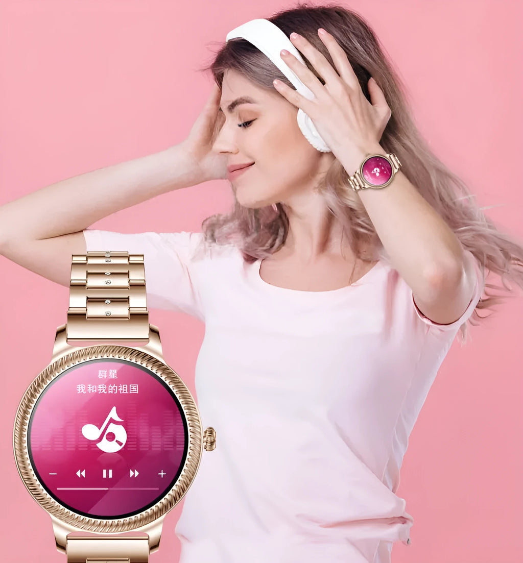 AK38 ladies smart watch with stainless steel Milanese band and 1.09-inch colour screen displayed on a wrist.