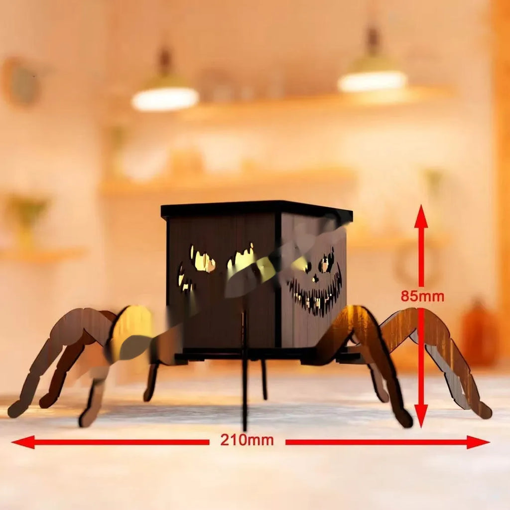 Wooden spider Halloween lantern candlestick decoration measuring 21cm tall