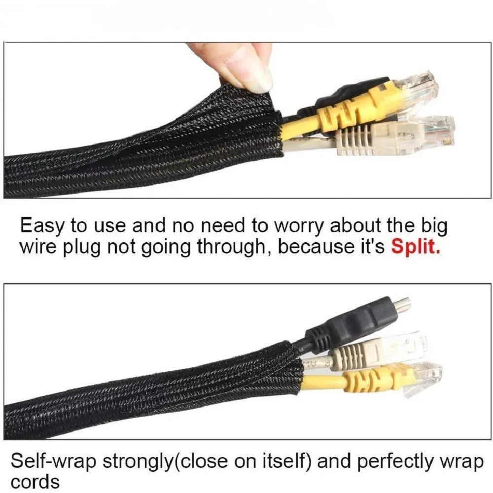 Black self-winding polyester mesh sleeve for automotive cable protection, shown in a coil.