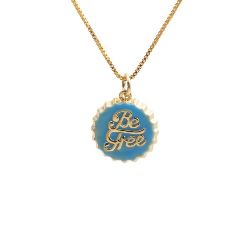 Copper bottle cap pendant necklace with gold electroplating on a box chain, shown in multiple colour options.