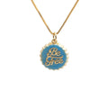 Copper bottle cap pendant necklace with gold electroplating on a box chain, shown in multiple colour options.
