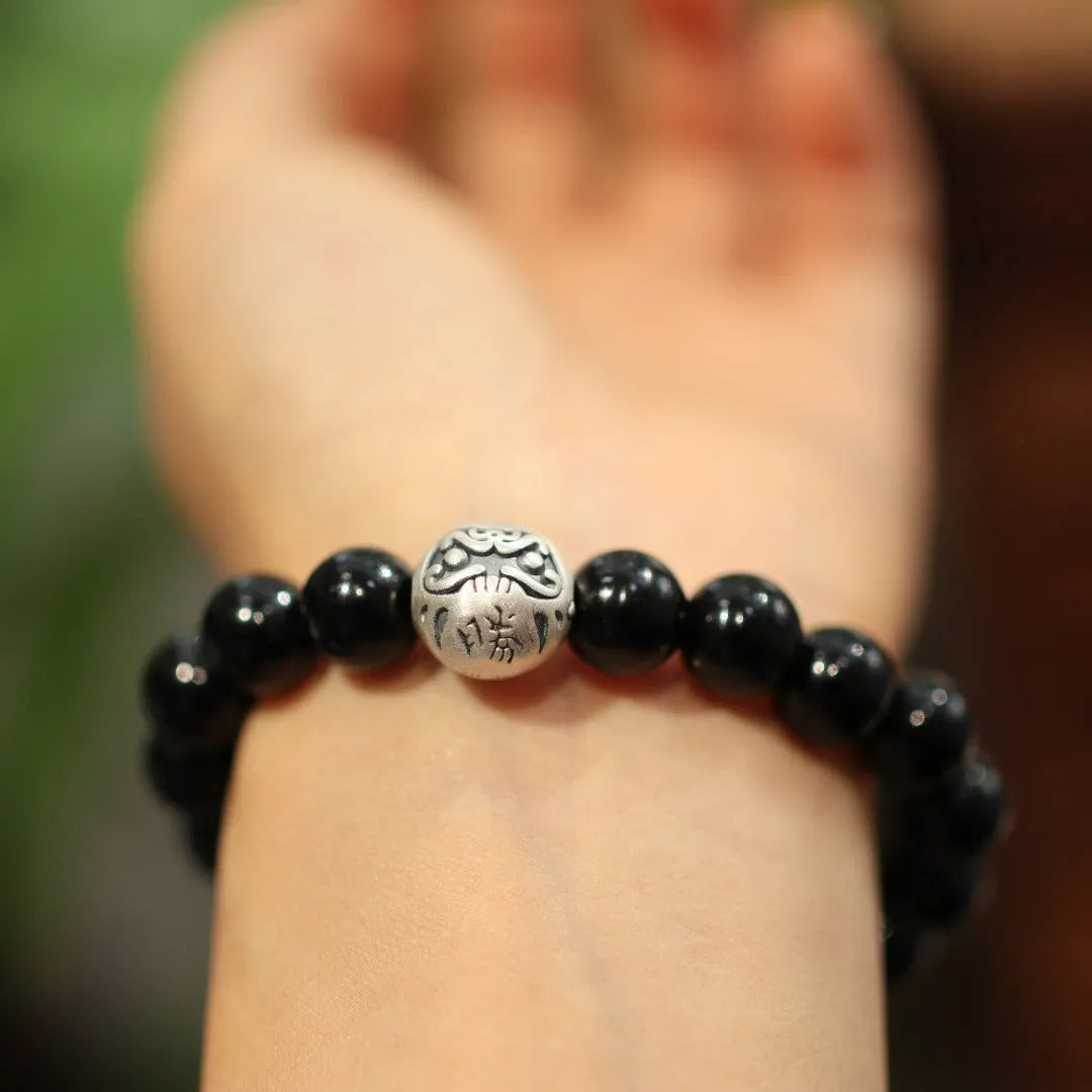 10mm black agate and sterling silver Chinese style bracelet manual construction